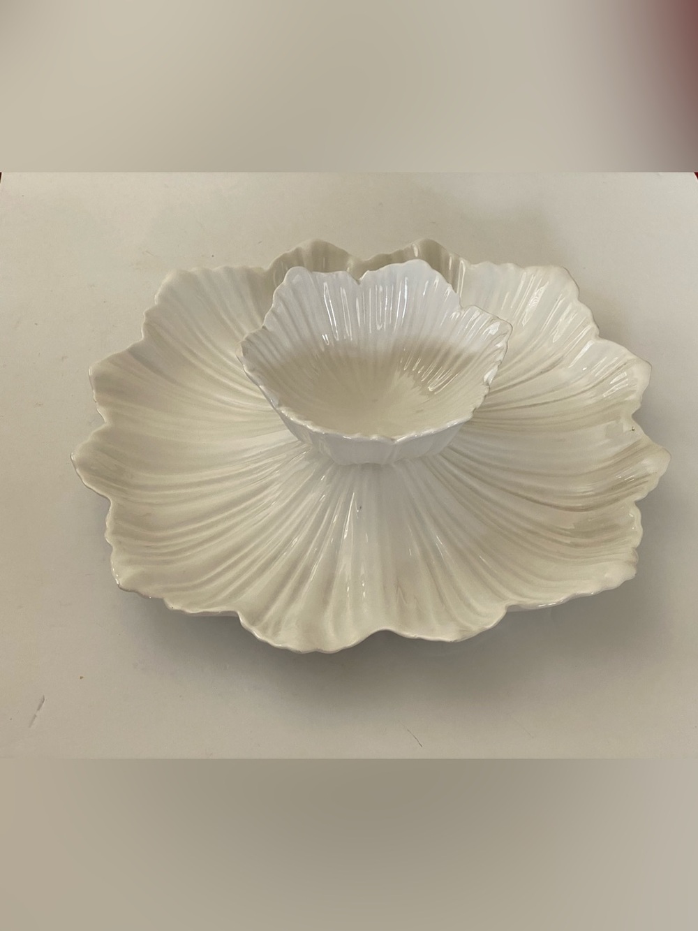 Vintage White Lotus Flower Ceramic Serving Chip and Dip Platter with Center Bowl